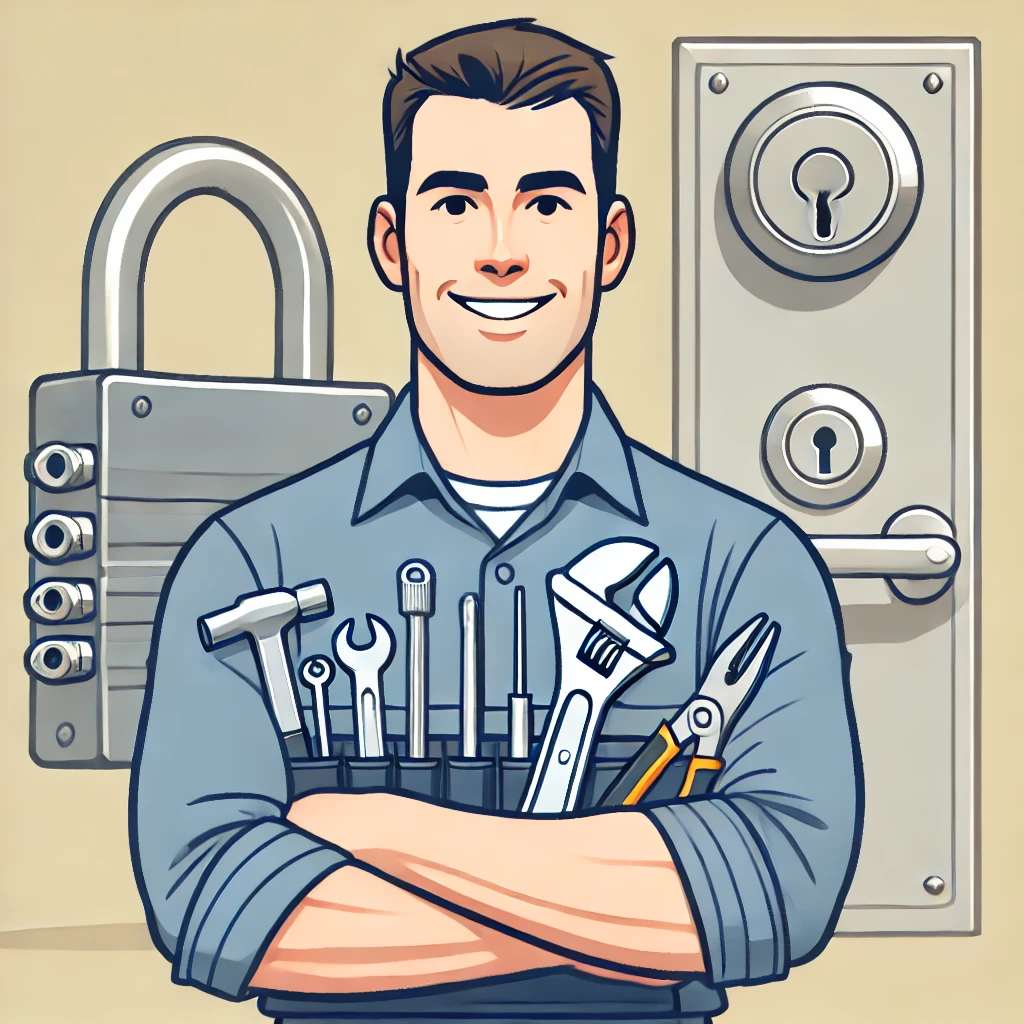 Confident locksmith holding professional tools.