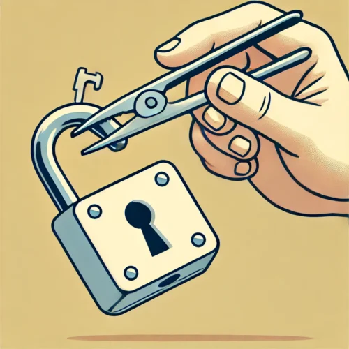 A hand using tweezers to carefully extract a broken key from a lock. The lock is the only object in the image, with the background 100% plain and bold.