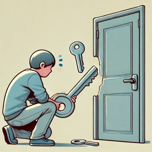 A frustrated person holding the broken half of a key in one hand, looking down at a locked door with the other half of the key stuck in the lock. The background is 100% plain, making the focus on the person and the door.